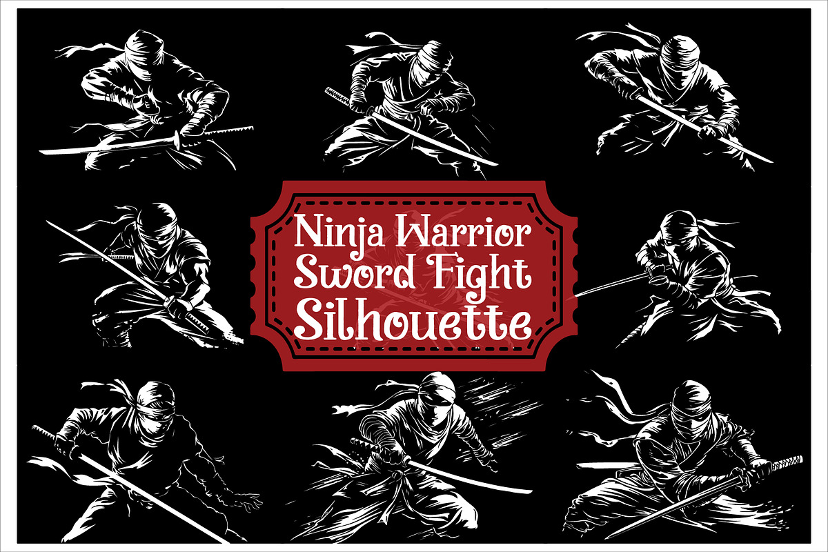 Katana Ninja Battle Silhouette Set, an Illustration by Artivon