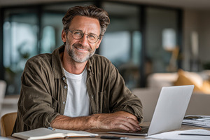 Smiling man working on laptop at hom, a Photo by Pixeness Studio