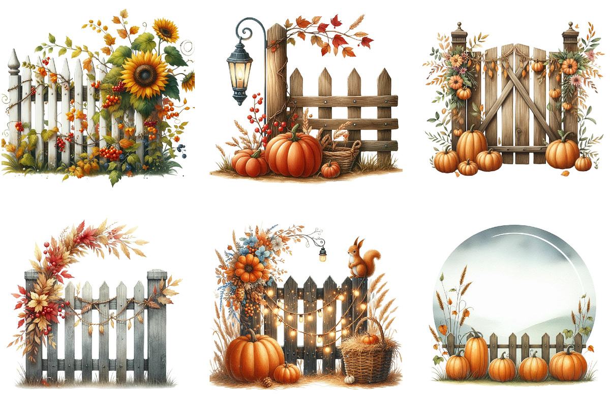 Watercolor Autumn Fence Clipart, a Seasonal Illustration by DreamArtGraphic (Photo 2 of 4)