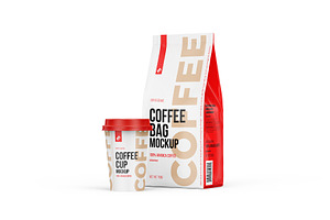 Coffee Pouch Half Side & Cup Mockup