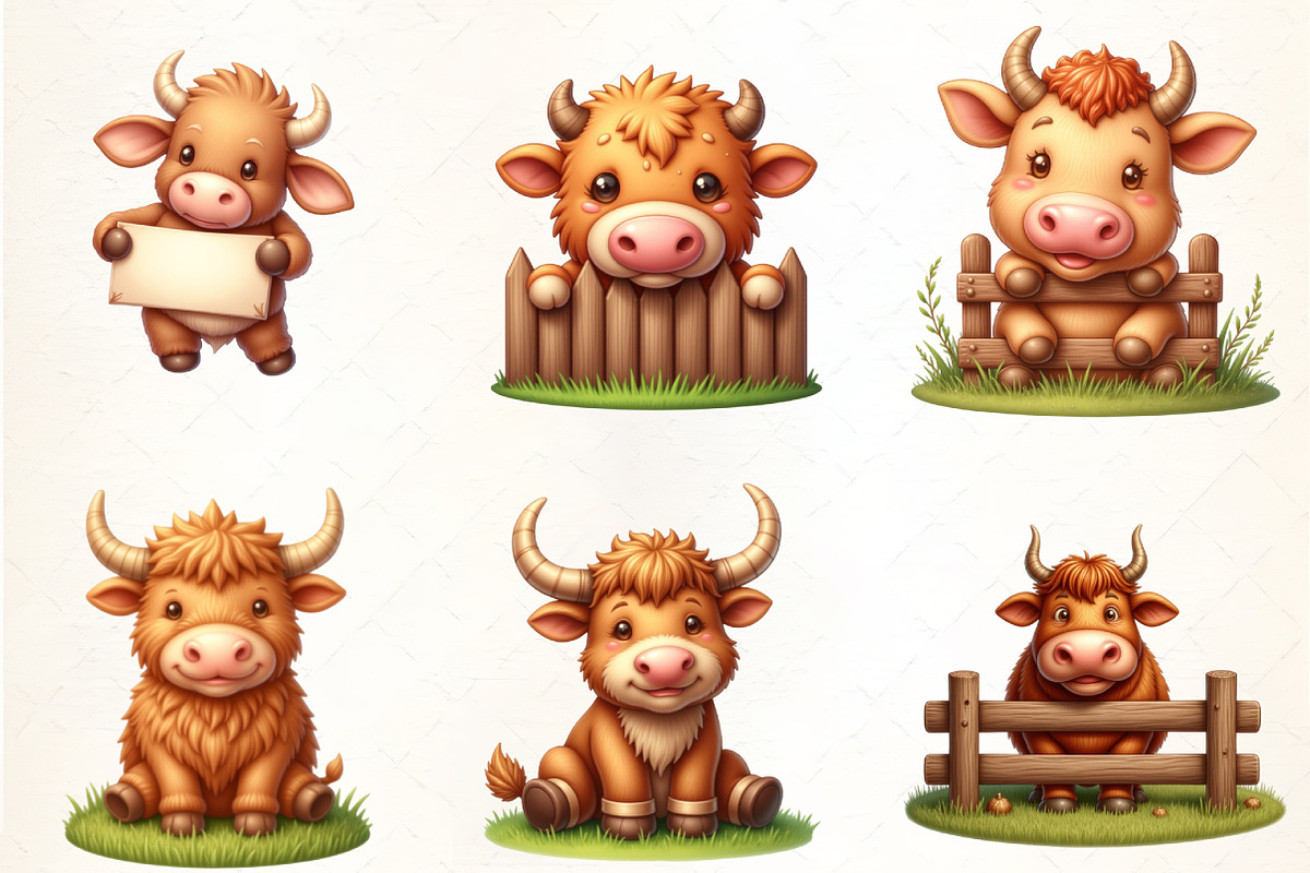 Cute Western Highland Cows Clipart, an Illustration by CrexoraLab (Photo 1 of 5)