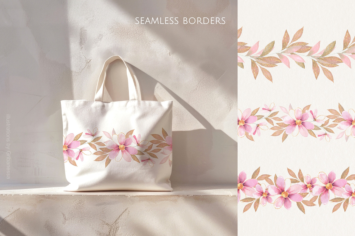 Pink Watercolor Flowers & Gold, a Decorative Illustration by Gribanessa (Photo 8 of 13)