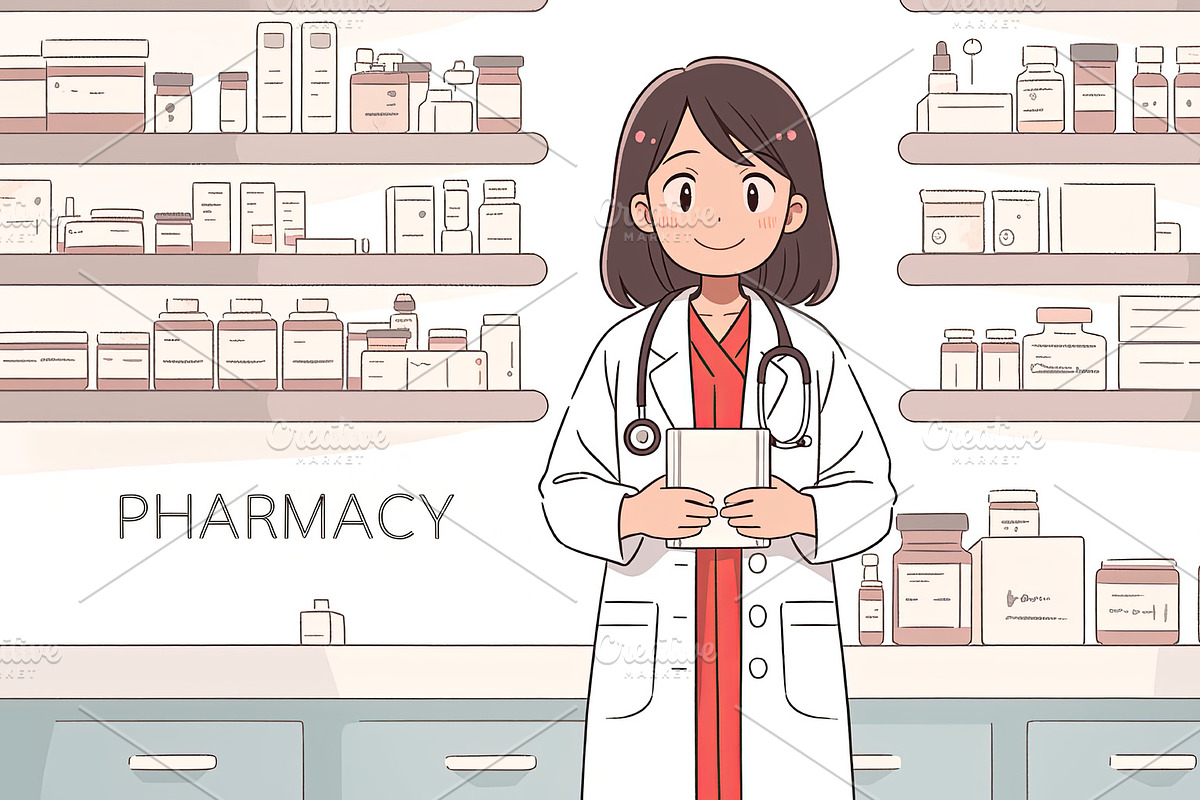 Cartoon pharmacist in a pharmacy setting holding a prescription pad, an Illustration by AS photostudio