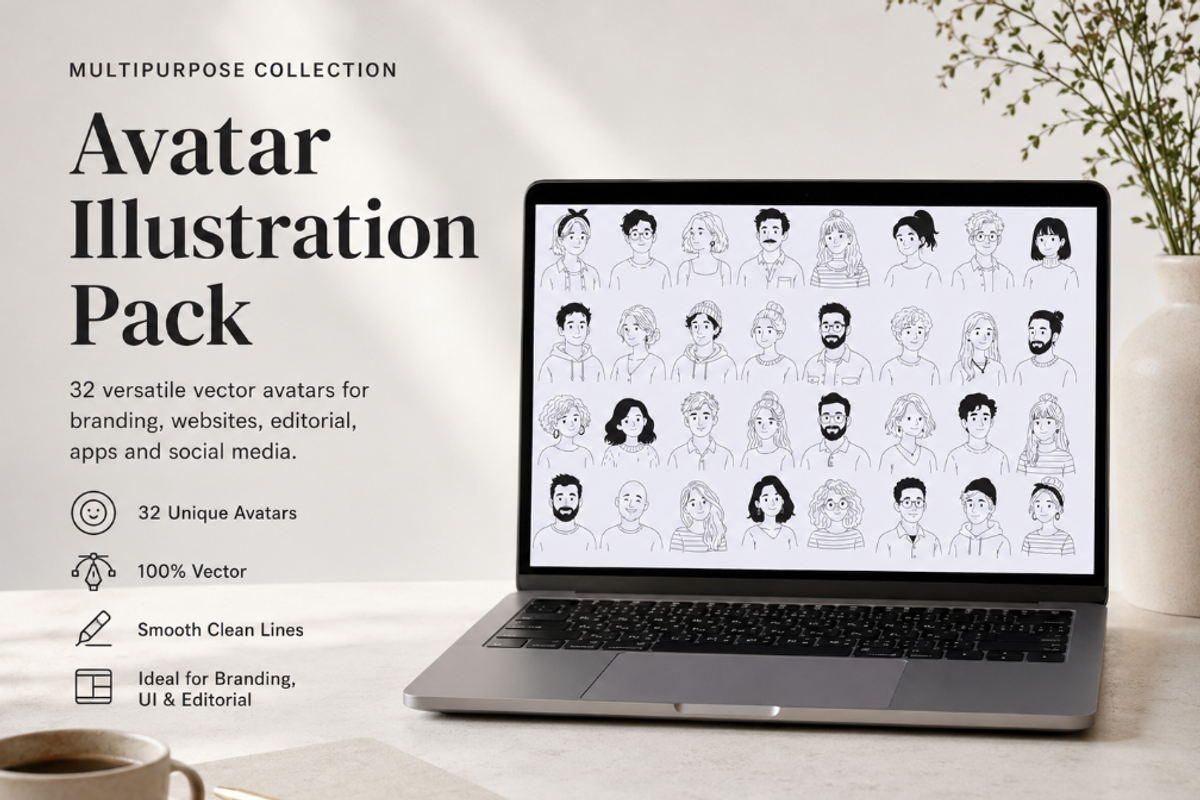 32 Hand-Drawn Avatar Illustrations, an Object Graphic by Nerokanji_Designs (Photo 1 of 5)