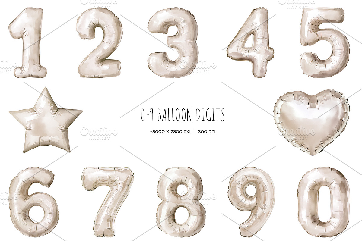 Watercolor Beige balloon numbers set, an Object Illustration by Art and Funny (Photo 2 of 4)