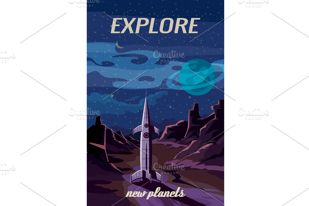 Retro future poster, space Rocket, an Illustration by Vector_Up