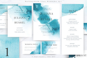 Teal Blue Wedding Set, an Invitation Template by Kolorata Art
