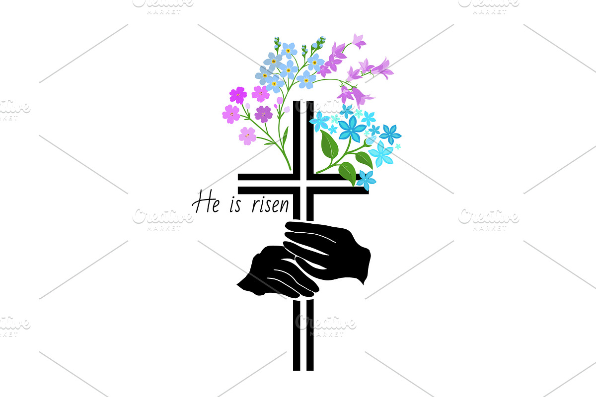 He is risen. Cross with flowers, an Illustration by Nenahliadava Design