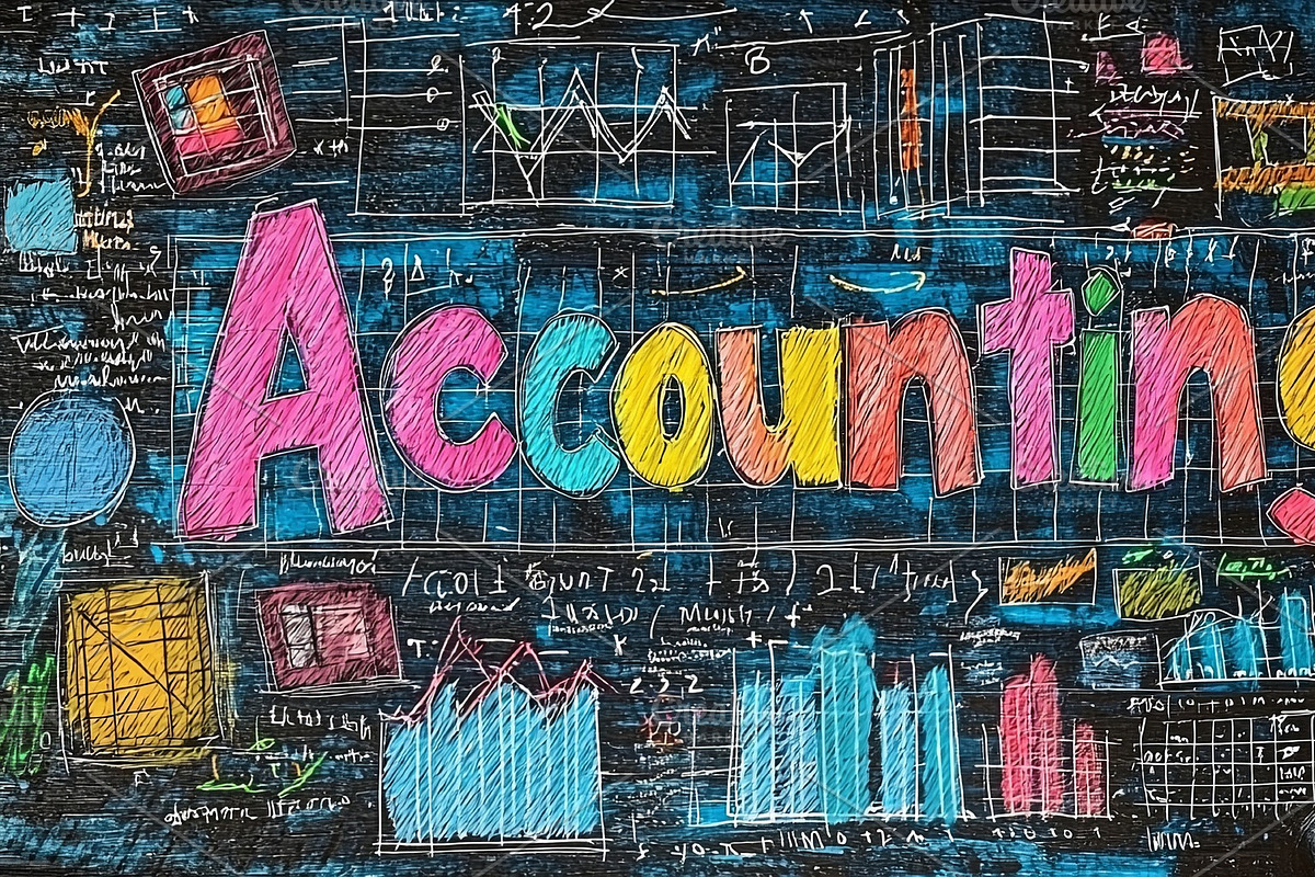 Colorful accounting lettering with doodles and graphs background, an Illustration by AS photostudio