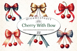 Cherry With Bow PNG, Watercolor, an Illustration by DreamCafeArt