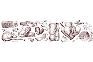 Raw meat cuts sketch set, a Food Illustration by art PVP - market