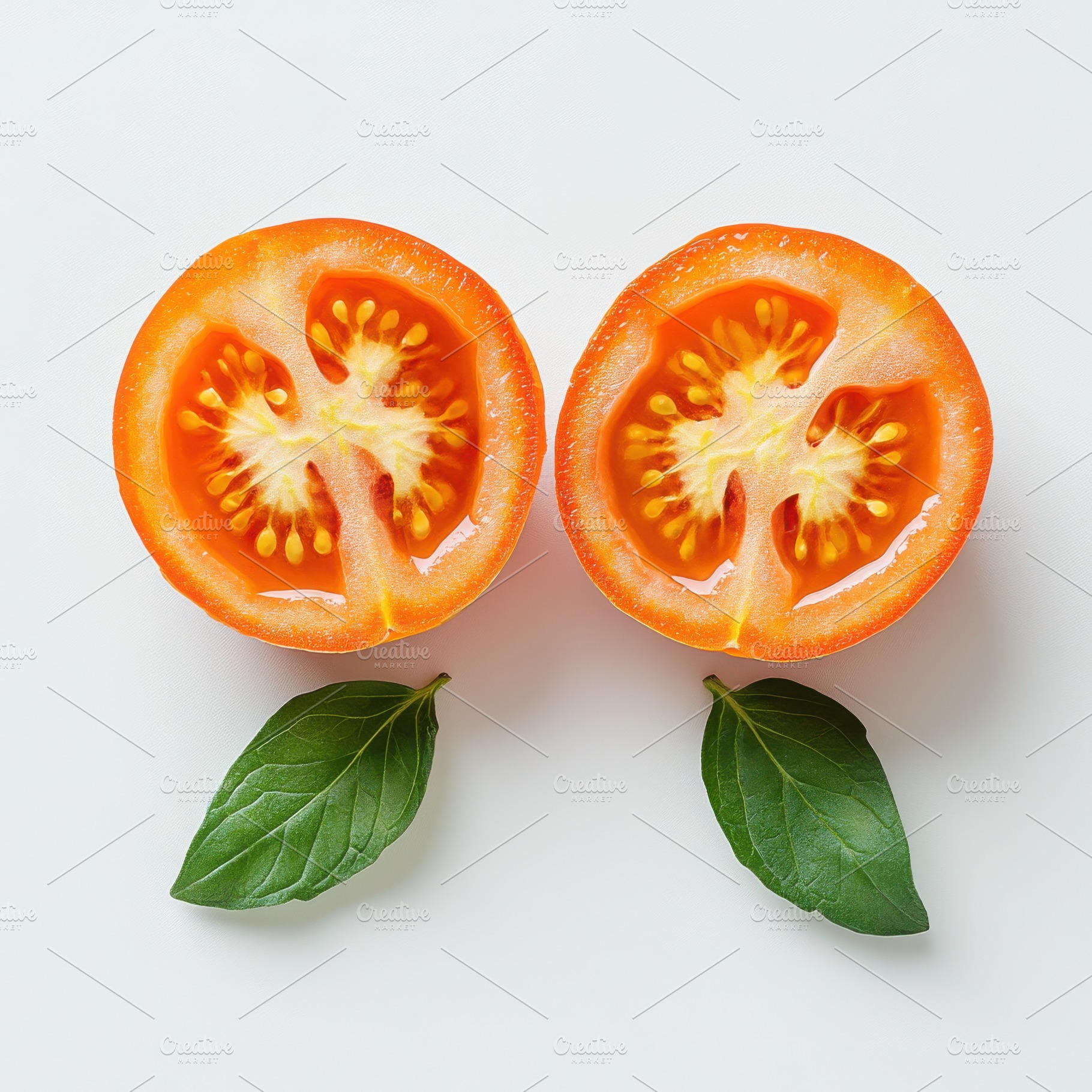 Tomato, cut in half, leaves, isolate, a Food & Drink Photo by Pixeness Studio