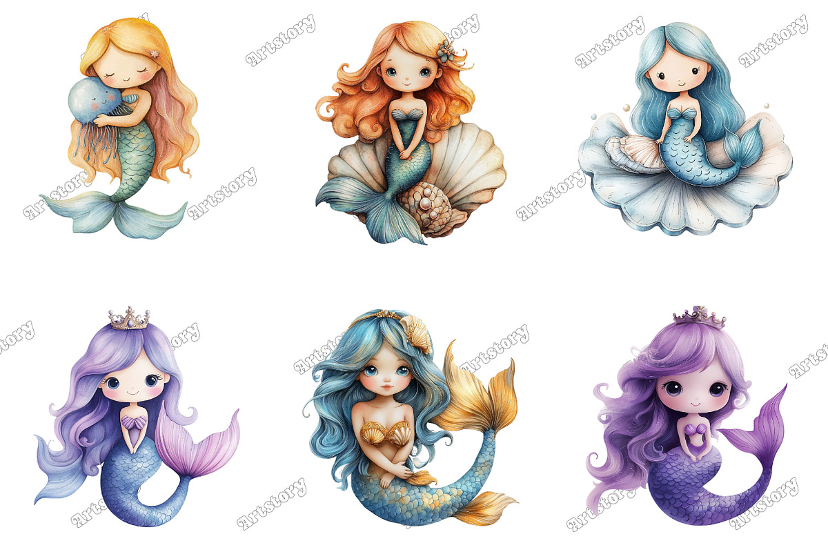 Kawaii Mermaid Clipart, an Illustration by designcity5 (Photo 3 of 5)