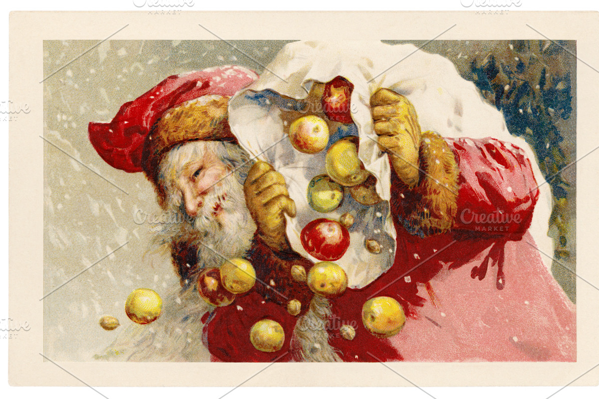Christmas Greetings, Santa & Apples, an Illustration by Betty Nane