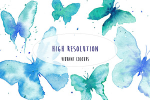 Watercolor Butterflies Clip Art Blue