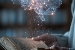 Glowing brain above open book knowle, a Photo by Pixeness Studio