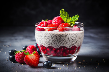 Chia pudding with berries and granola in glass on dark background, a Food & Drink Photo by AlyaAnd