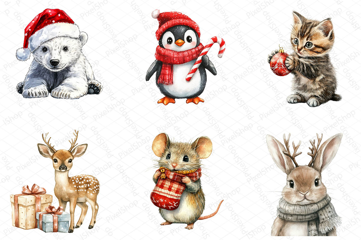 Christmas Animals Watercolor Clipart, an Illustration by DreamPrint404 (Photo 2 of 5)