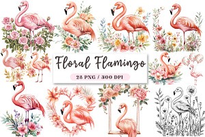 Floral Flamingo clipart, an Illustration by DreamArtGraphic
