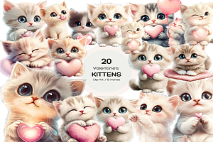 Valentines Kitens Set of 20 Clipart, an Animal Illustration by PrintablesByFranklyn