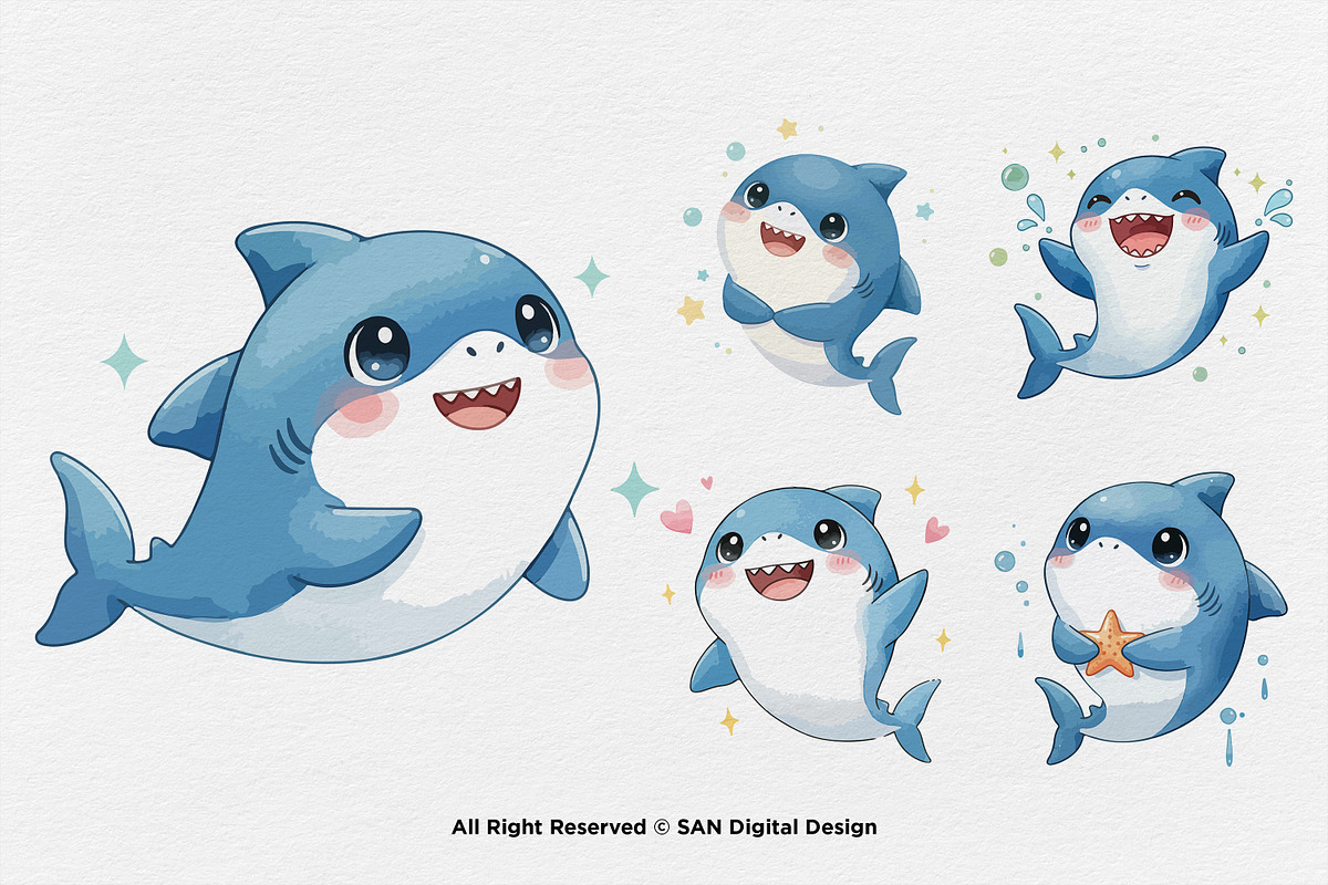 15 Bundle Watercolor Cute Shark Sea, an Animal Illustration by Morspective (Photo 7 of 8)