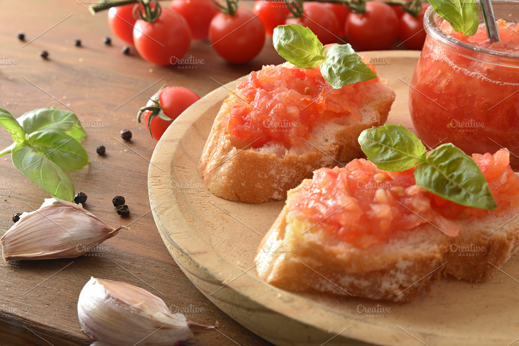 Fresh Tomato Bruschetta on Wooden Plate, a Food & Drink Photo by Davizro's Market