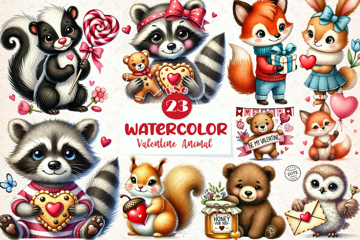Valentine Woodland Animal Clipart, an Illustration by CreationArt (Photo 1 of 5)