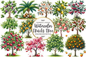 Watercolor Fruit Trees Clipart, an Illustration by OK Design