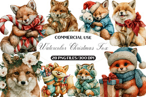 Watercolor Christmas Fox Clipart