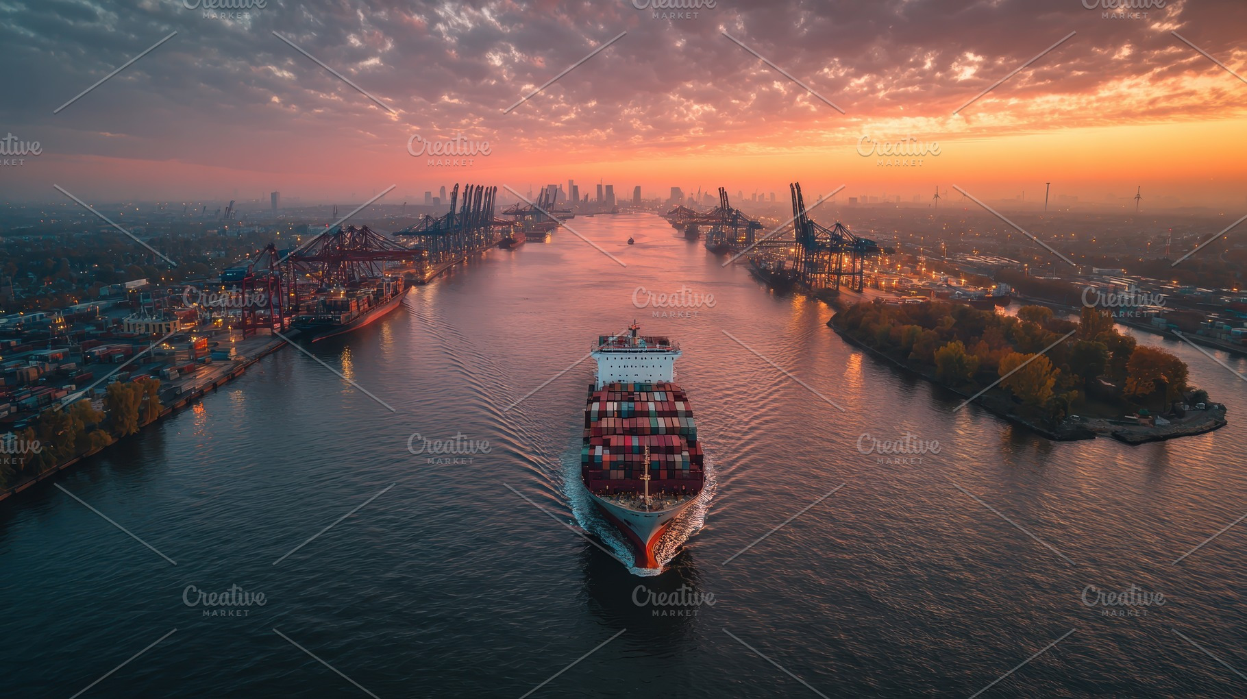 Container Ship at Sunset in Busy Har, a Photo by Pixeness Studio