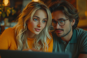 A young Caucasian couple, focused and engaged, reviews work together while seat, a Person Photo by ImageMir