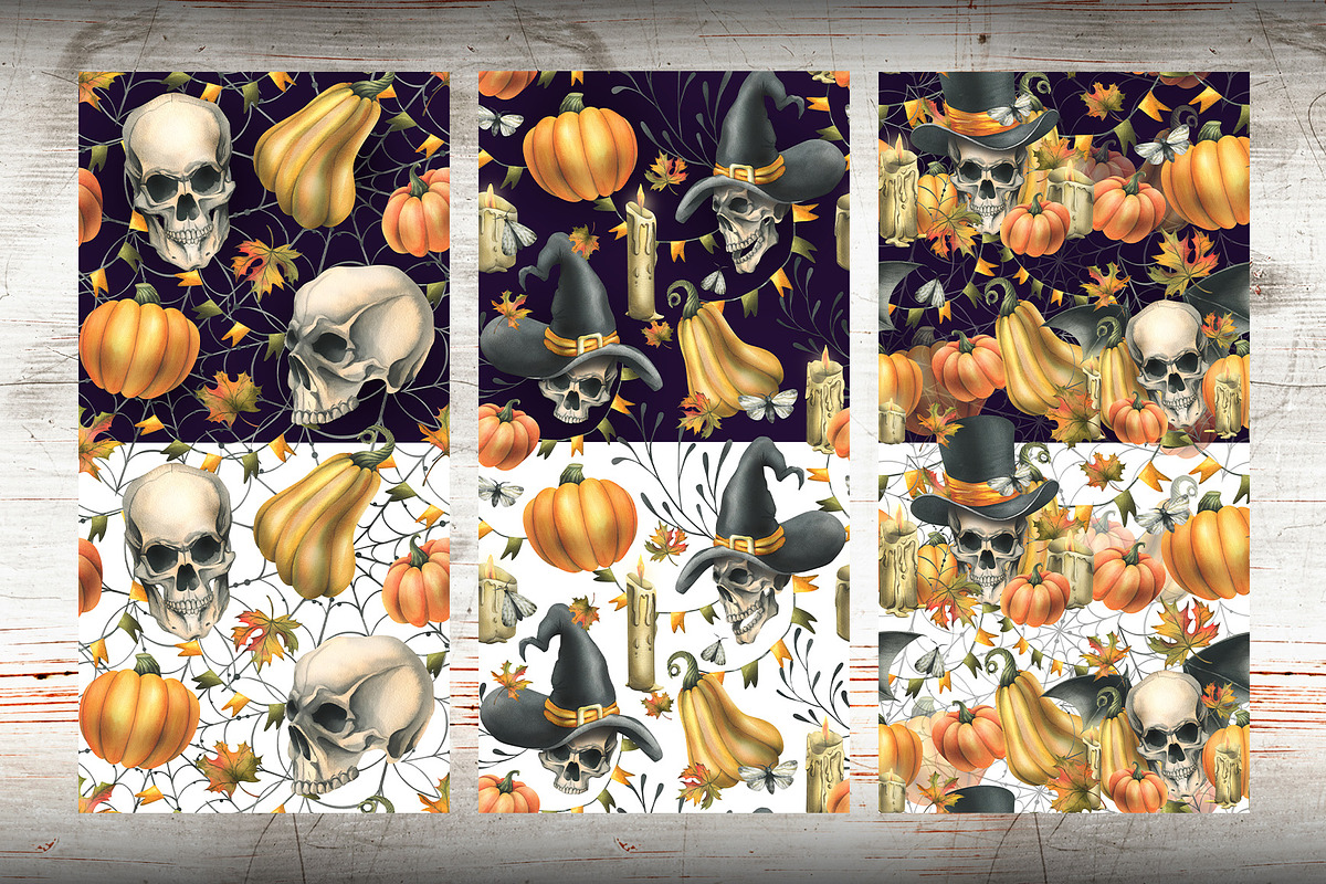 Halloween Skulls Seamless Patterns, an Illustration by NATASHA CHU (Photo 3 of 8)