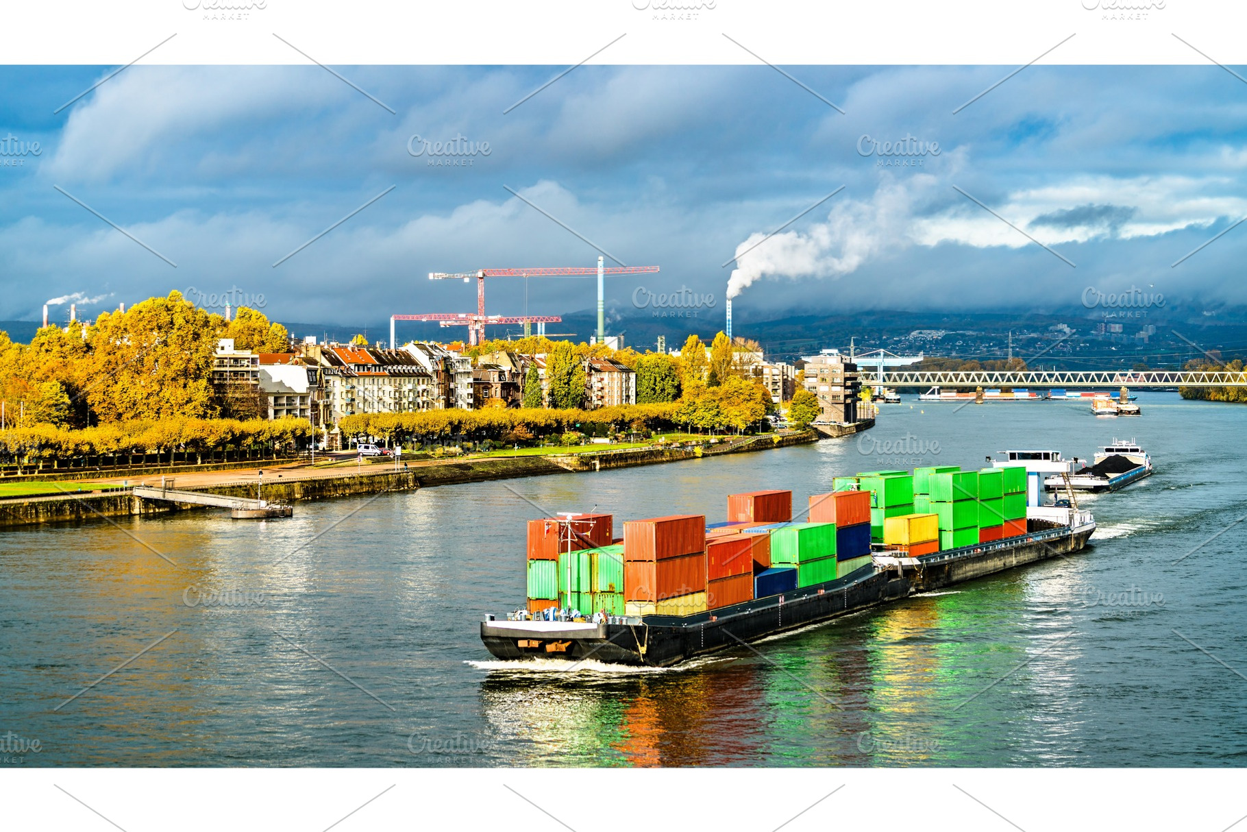 Container ship on the Rhine River in, an Architecture Photo by Leonid Andronov
