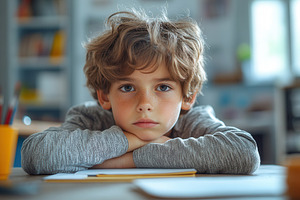 Young boy resting his head on hands, a Photo by Tanuart