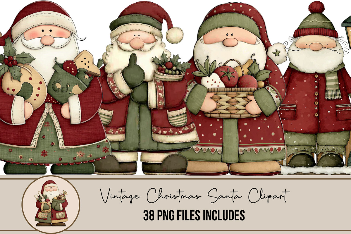 Vintage Christmas Santa Clipart, an Illustration by DreamArtGraphic (Photo 1 of 4)