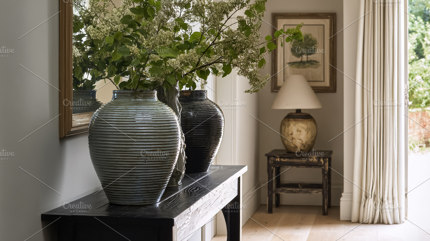 Ceramic vases with flowering branches on a console table, reflec, a Photo by Studio ANNA