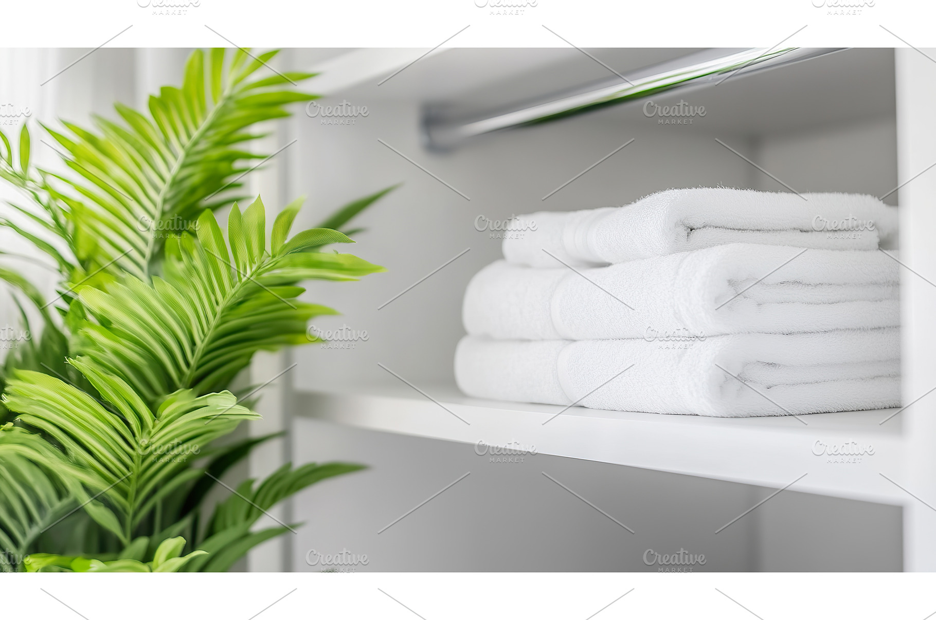 Fresh white towels on shelf with, a Nature Photo by Lermont51