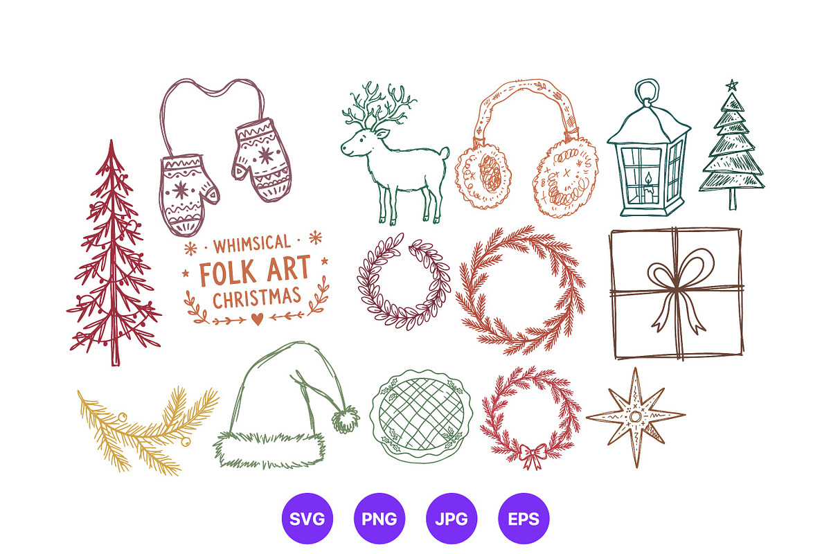 Christmas Hand Drawn Folk Art Set, a Seasonal Illustration by designvectx (Photo 7 of 10)