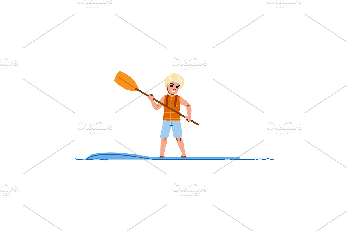 Blond boy paddle boarding in the sea, a Sport Illustration by pikepicture