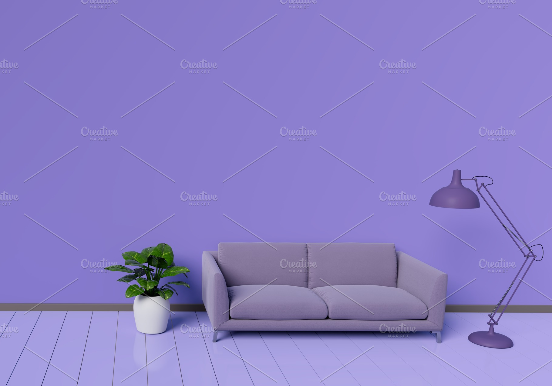 Modern interior design of purple living room with sofa an plant, an Architecture Photo by Ministocker