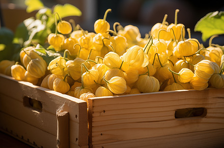 Ripe ground cherries in wooden crate, a Food & Drink Photo by Textures & Backgrounds