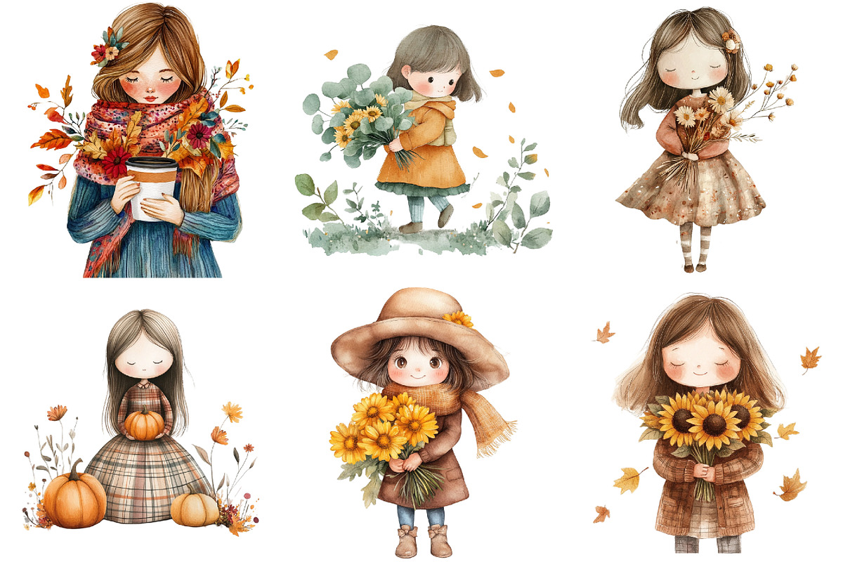 Girls with Fall Flowers Clipart, an Illustration by Watercolor design (Photo 3 of 5)