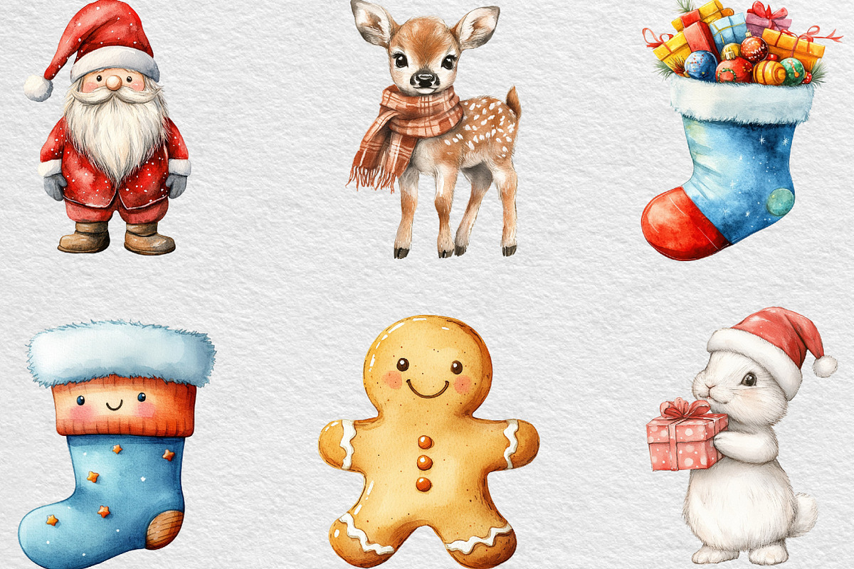 Watercolor Cute Christmas Clipart, an Illustration by Black Bird Studio (Photo 6 of 6)