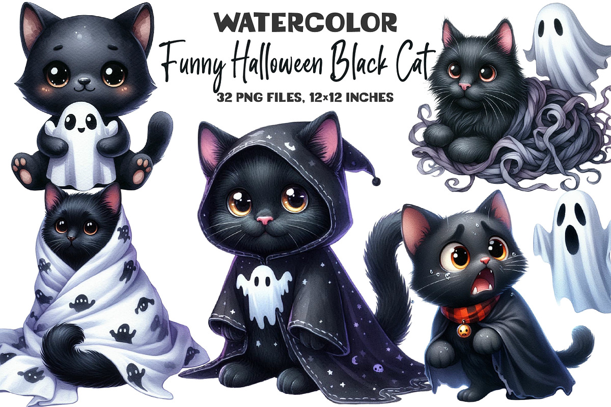 Funny Halloween Black Cat Ghost, an Illustration by DreamArtGraphic (Photo 1 of 5)
