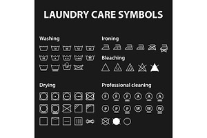 Icon set of laundry symbols. Washing instruction symbols. Cloth, Textile Care signs collection