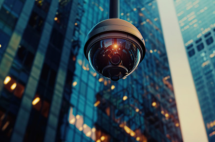 Modern public CCTV camera on wall on blurred building background, a Technology Photo by AlyaAnd
