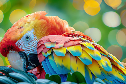 A colorful macaw on a branch amid be, a Photo by LOGOCREATIVE