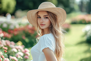 Woman in light summer outfit stands confidently in a blooming garden on a sunny, a Person Photo by AlyaAnd