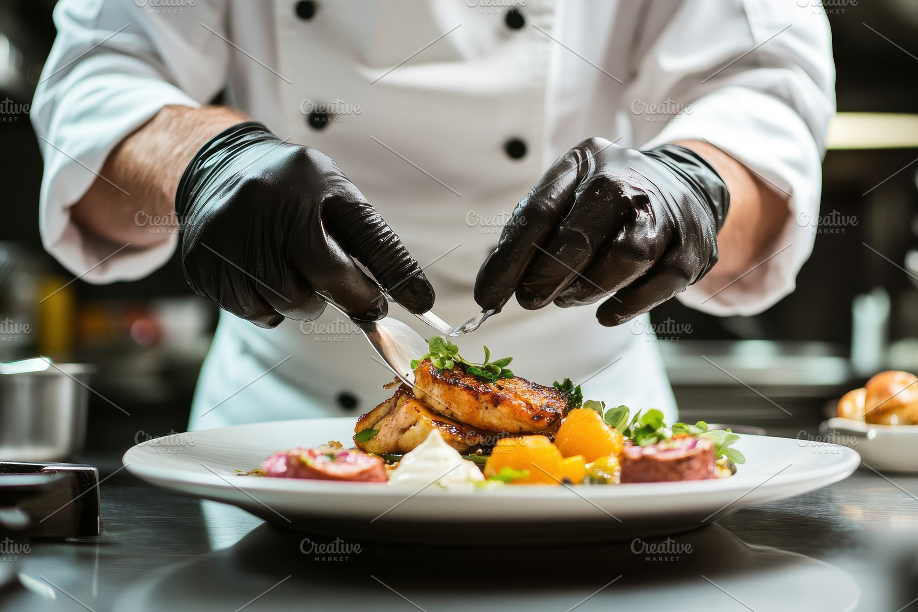 Gourmet dish being prepared, a Photo by Pavel_design