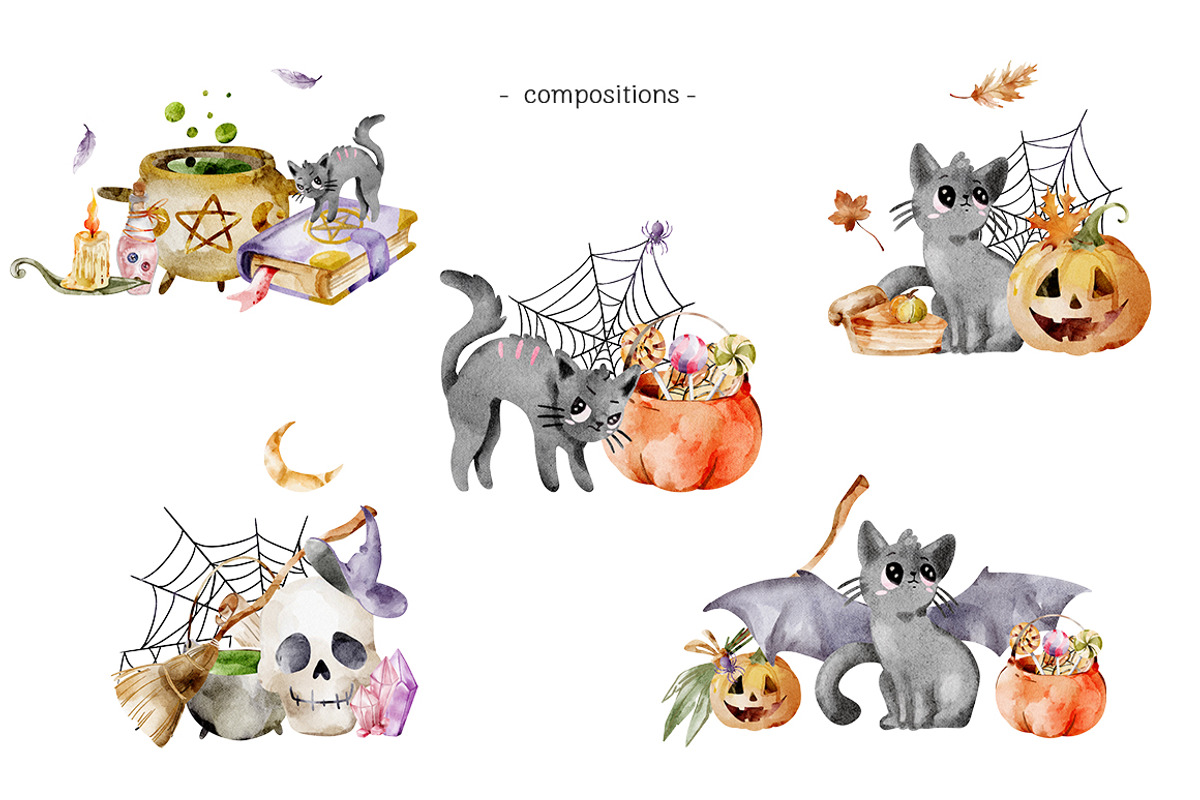 Magic Cat: Halloween PNG Clipart, an Object Graphic by Pattern + watercolor (Photo 4 of 13)